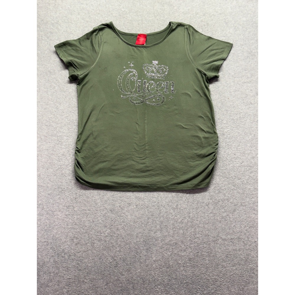 Fashion of New York Queen Rhinestone Crown Top Olive Green 1X Ruched Side Tee